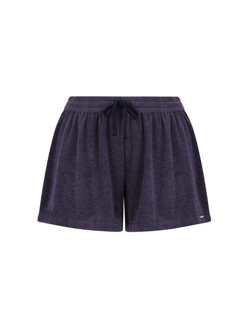 Ghost mannequin of high waisted navy terry towelling shorts with drawstring