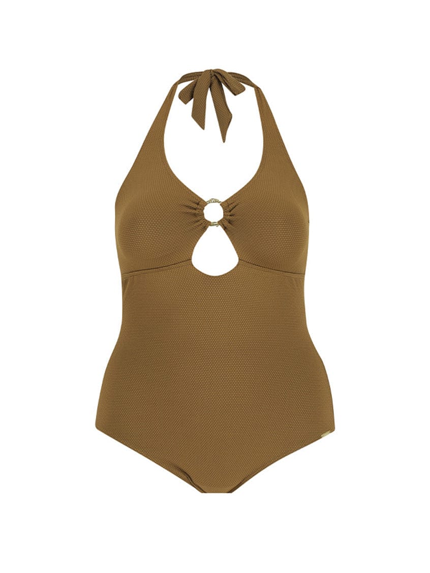 Ghost mannequin of olive green halter neck one piece with cut out front