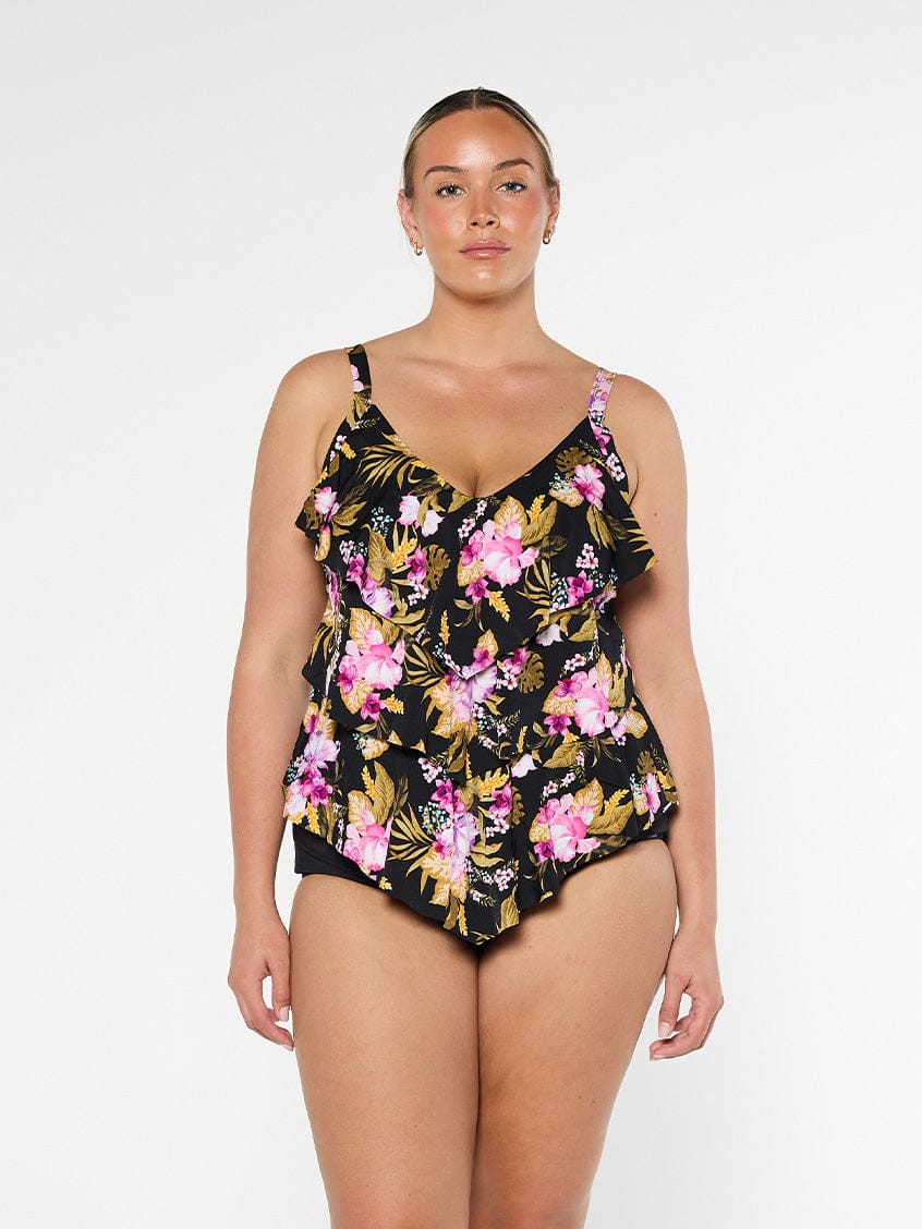 Blonde model wears stunning floral 3 tier tankini top in chlorine resistant fabric