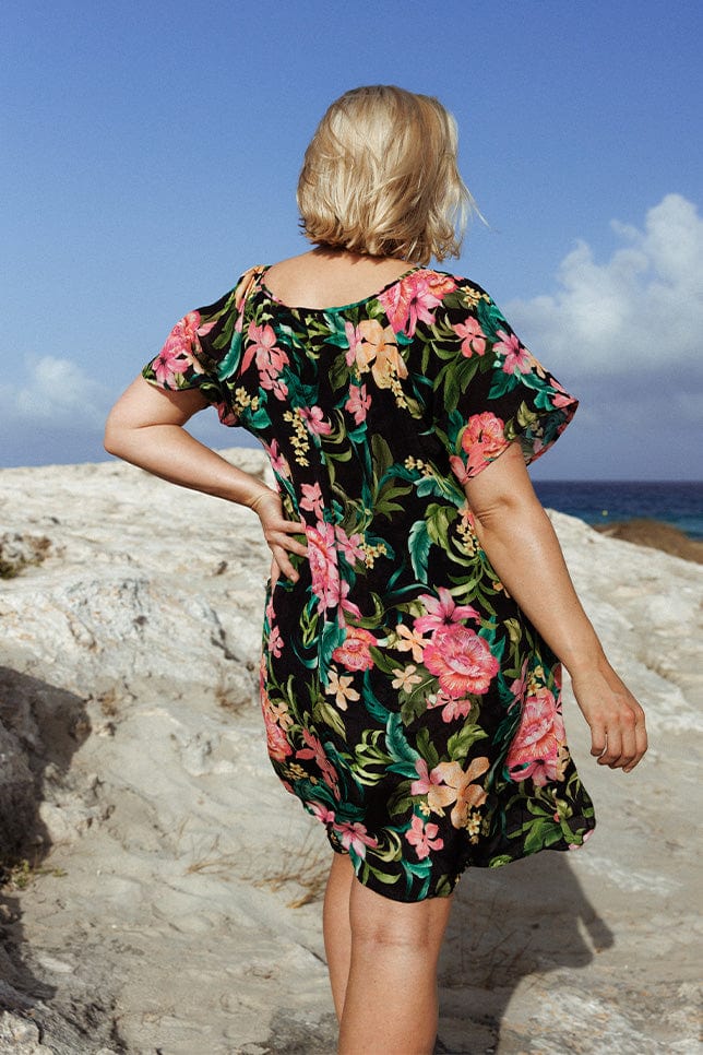 Tropical floral bora bora swim cover up dress with front tie 