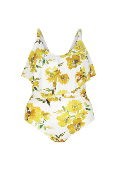 Ghost mannequin white and yellow floral v neck frill one piece