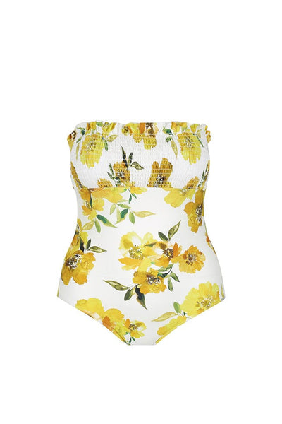 Ghost mannequin white and yellow floral shirred one piece