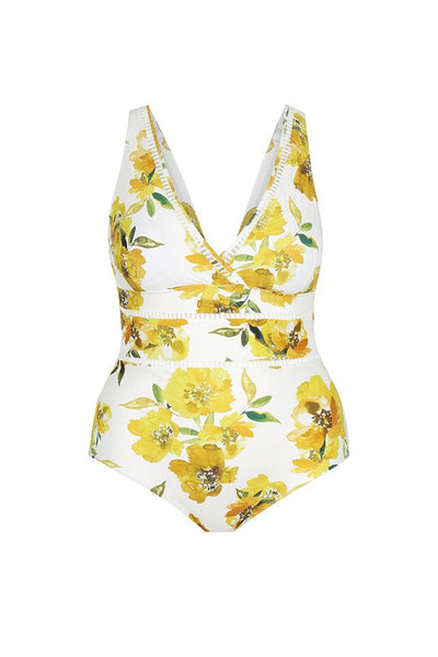Ghost mannequin white with yellow flowers v neck swimsuit