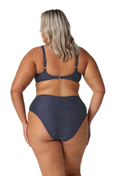 Back of curve model wearing navy and white top bikini top with adjustable straps and 3 size clasp