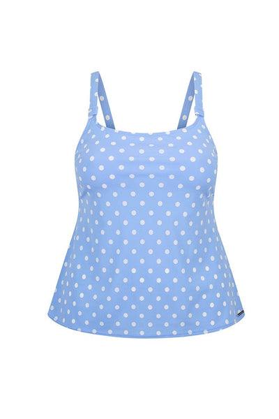 Curve woman tankini top in chlorine resistant blue and white polkadot