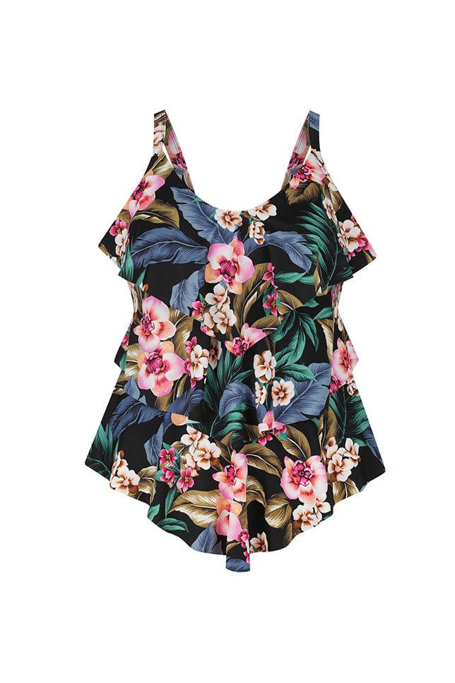 ghost mannequin image of a 3 tier ruffle tankini top with v neck in a black based floral print with peachy orchids and green and blue leaves