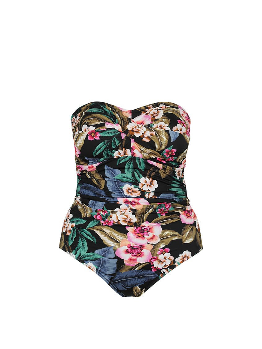 Floral patterned strapless swimsuit on a white background