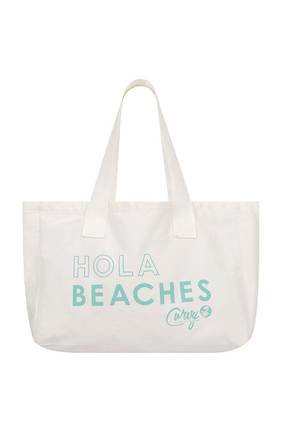 White canvas tote bag with turquoise blue text and shoulder straps