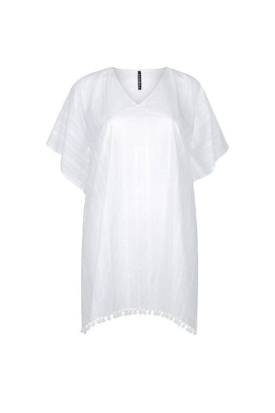 ghost mannequin image of white v neck cotton knee length kaftan with pompom details at the bottom