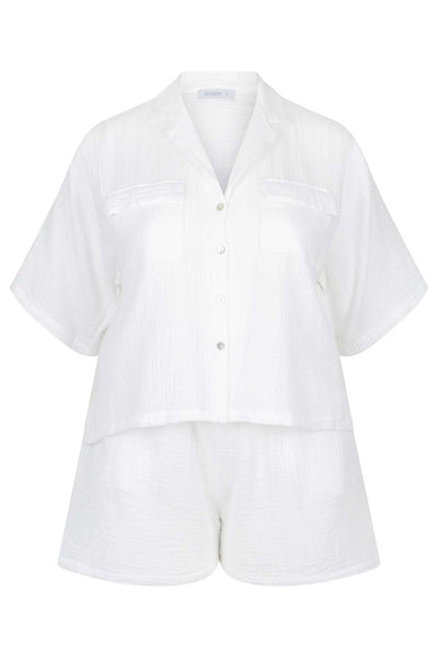 ghost mannequin of white cheesecloth lounge wear short set with button through short sleeve shirt