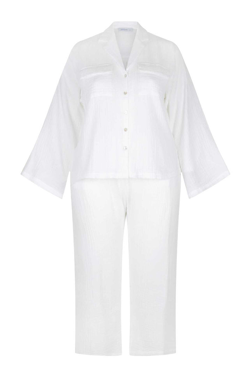 ghost mannequin white cotton crepe lounge wear set with button through shirt top