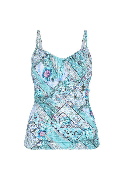 Ghost mannequin light blue patchwork printed ruched stomach tankini top  