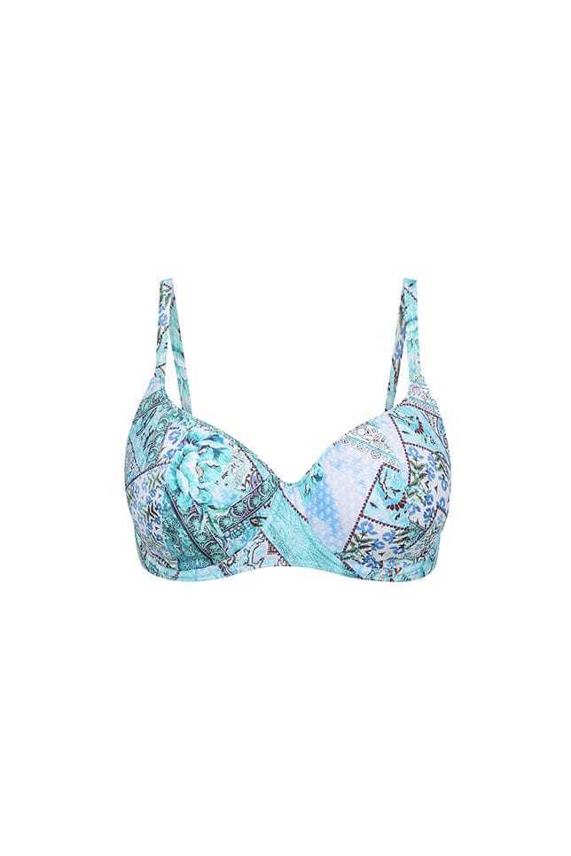 Ghost mannequin light blue patchwork printed underwire support bikini top