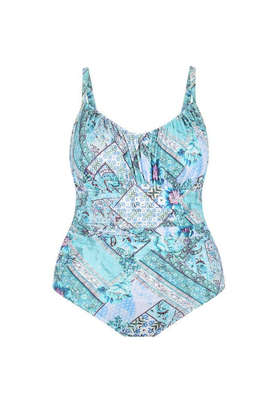 Ghost mannequin light blue patchwork printed ruched stomach one piece 