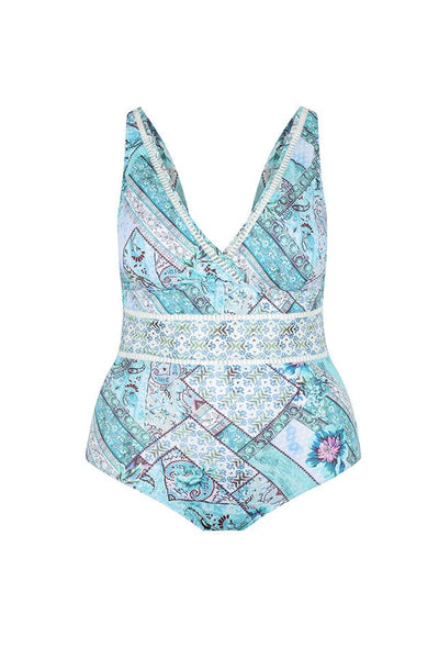 ghost mannequin of v neckline blue tile printed patternt 