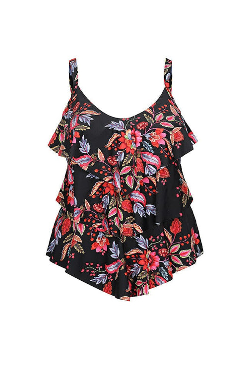 Ghost mannequin of three tiered tankini top in pink white and black floral