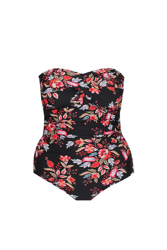 Ghost mannequin of twist front bandeau one piece in pink floral print