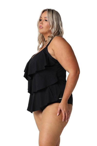 Model showing side of black 3 tier tankini top