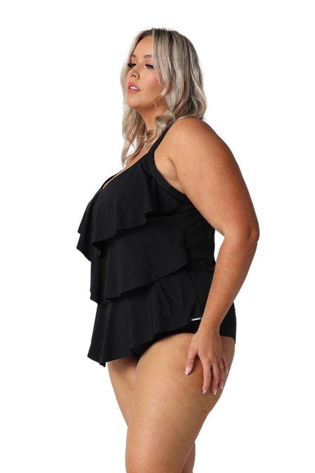 Model showing side of black 3 tier tankini top