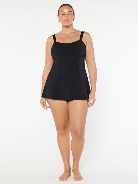 Chlorine Resistant Black Wide Strap Swim Dress - NO PANT