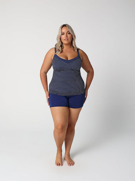 Chlorine Resistant Navy & White Dots Underwire Tankini Top DD/E