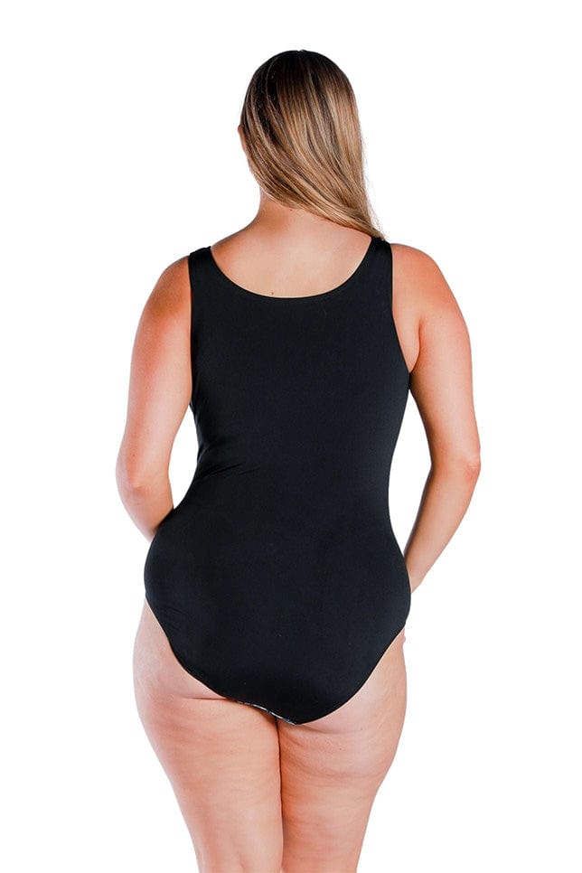 Model showing back of black one piece