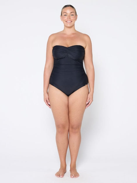 Plain Black Twist Front Bandeau One Piece