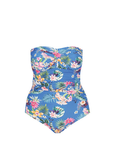 Ghost mannequin of blue floral one piece with removable straps
