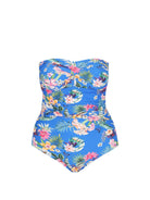 Ghost mannequin of blue floral one piece with removable straps