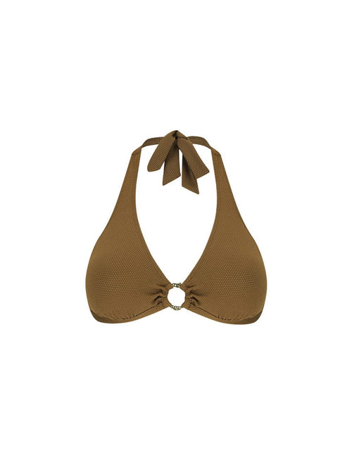 Ghost mannequin of tie neck bikini top with ring and textured fabric