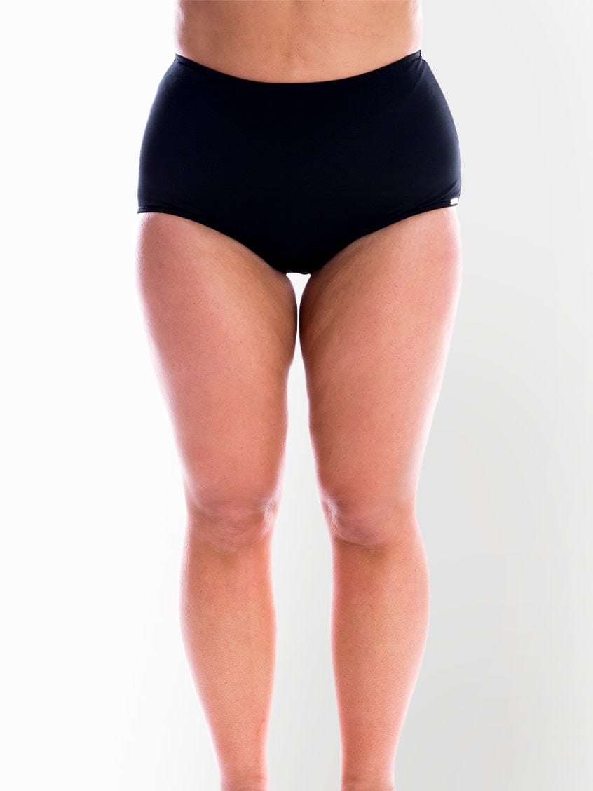 model showing back of black high waisted swim pant