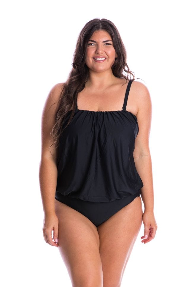 Brunette plus size model wearing flouncy bandeau swim top Australia