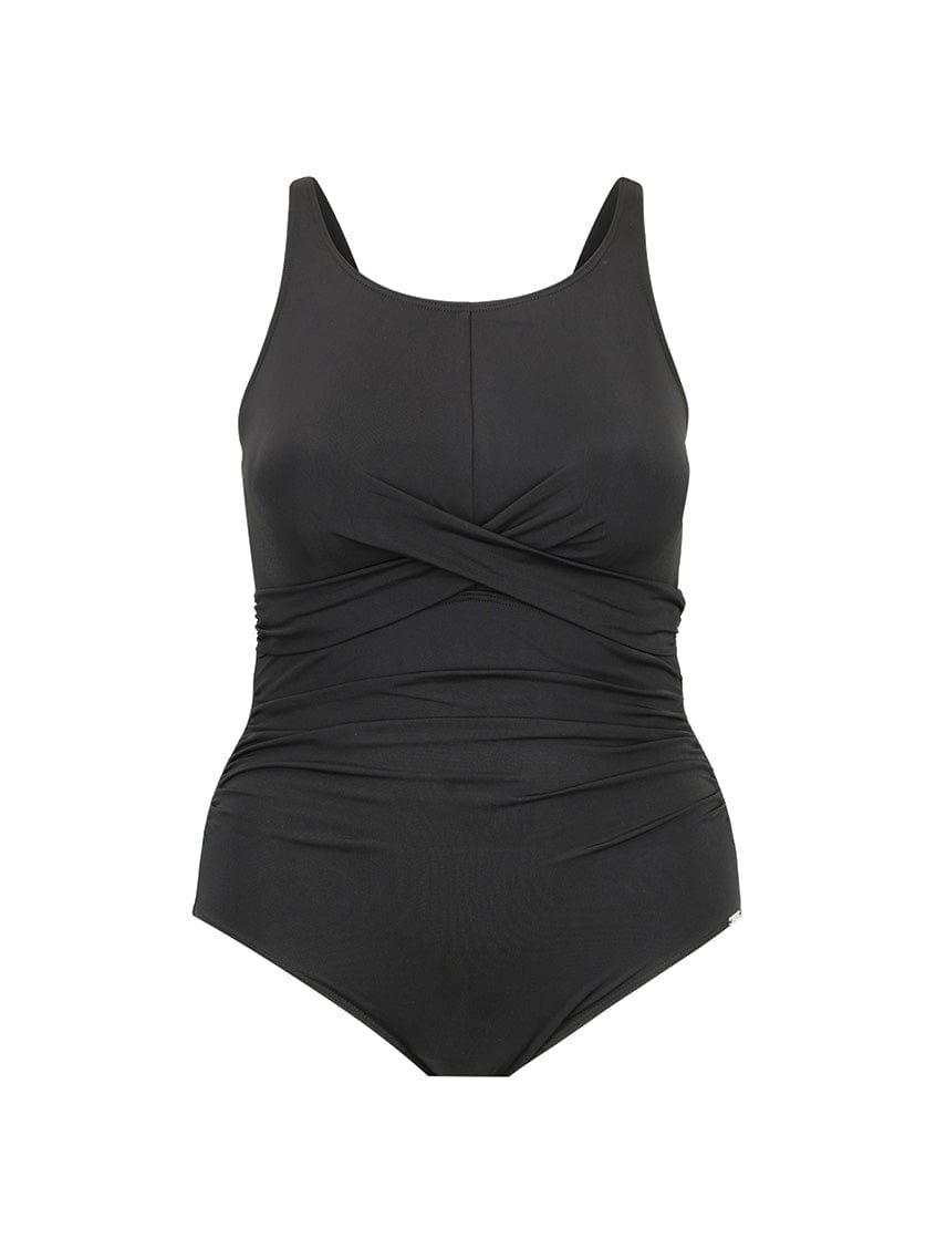 chlorine resistant black high neck twist one piece