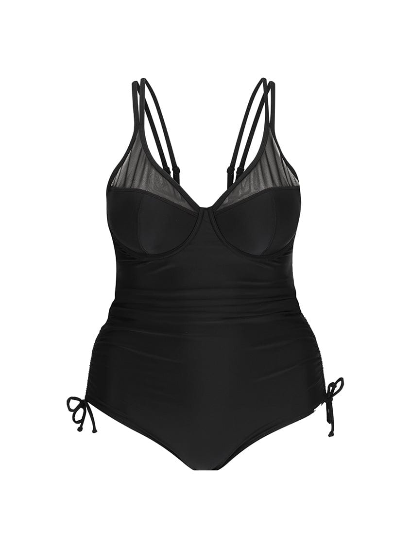 black swimsuit with mesh bust detail and ruched sides