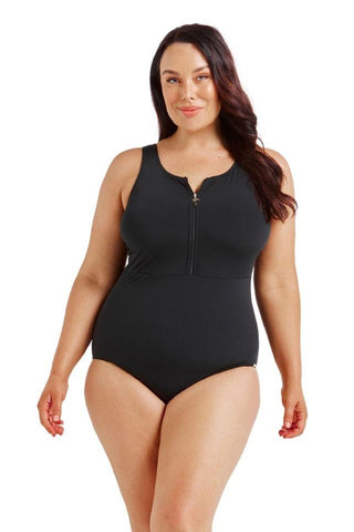 Chlorine Resistant Luxe Sport Black Sleeveless Zip Front One Piece
