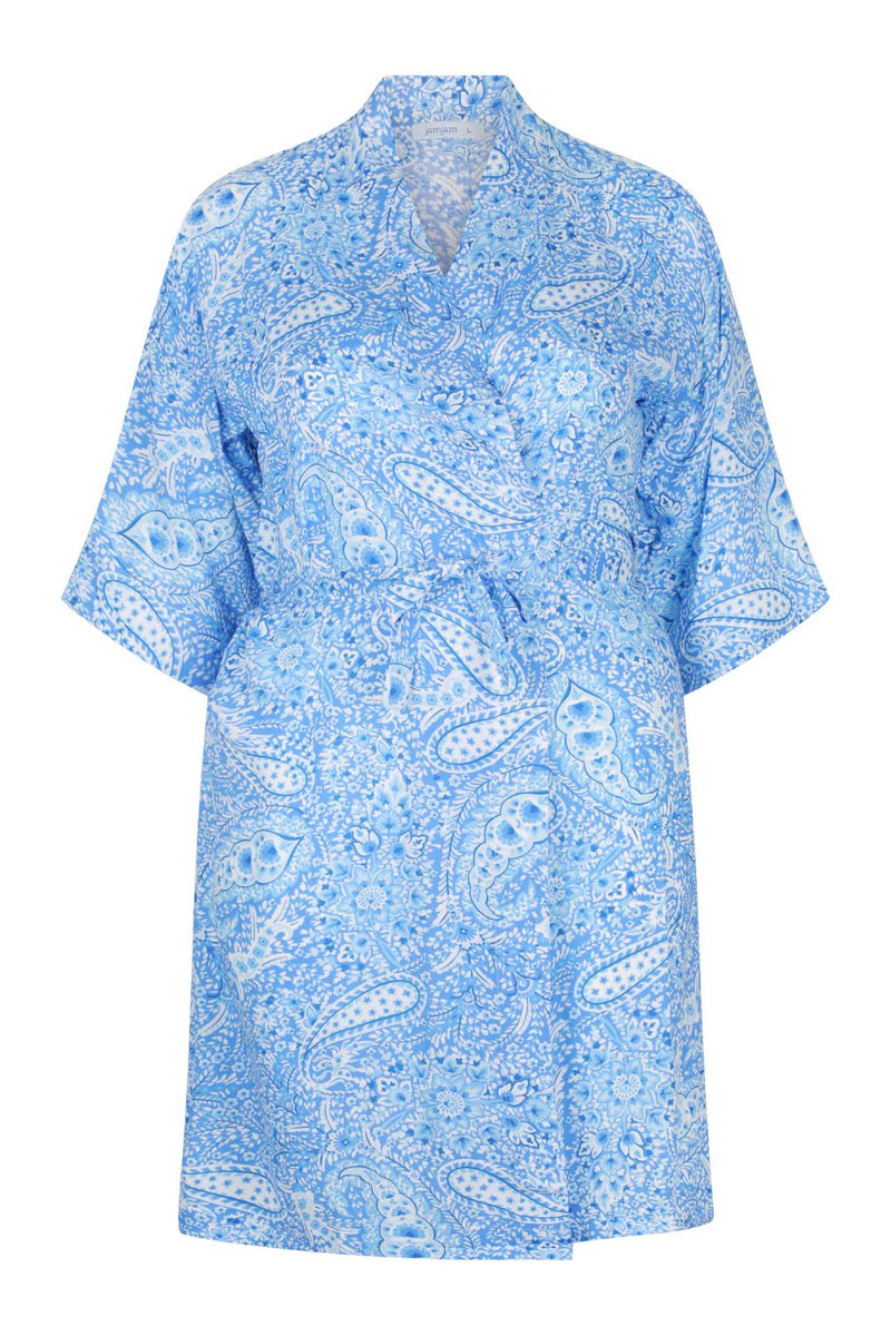 ghost mannequin paisley blue and white kimono style robe knee length with waist tie