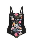ghost mannequin of black floral tank one piece in chlorine resistant fabric