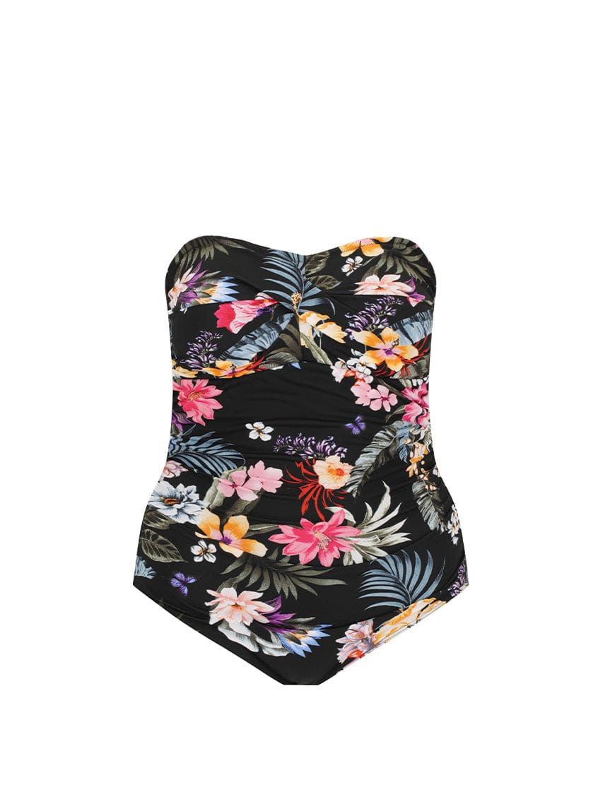 Ghost mannequin of black floral strapless pool proof one piece