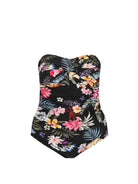 Ghost mannequin of black floral strapless pool proof one piece
