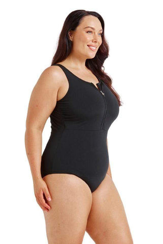 Chlorine Resistant Luxe Sport Black Sleeveless Zip Front One Piece