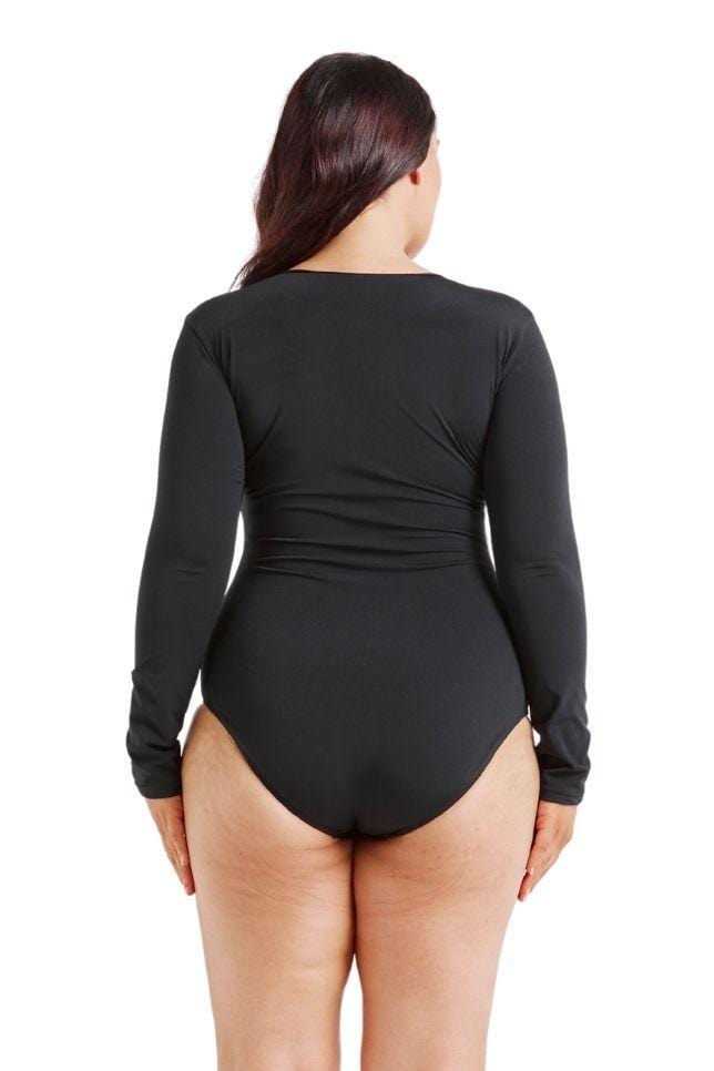 model showing back of black long sleeve one piece