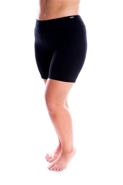 Model showing side of black boyleg swim pant