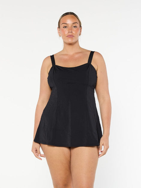 Chlorine Resistant Black Wide Strap Swim Dress - NO PANT
