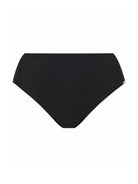 Black textured bikini bottom with a small white brand tag on the right side, shown flat against a solid white background.