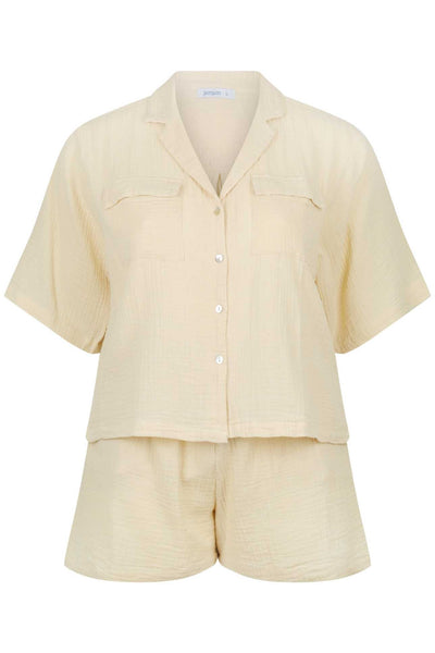 ghost mannequin beige cotton crepe lounge wear set with button through front shirt detail