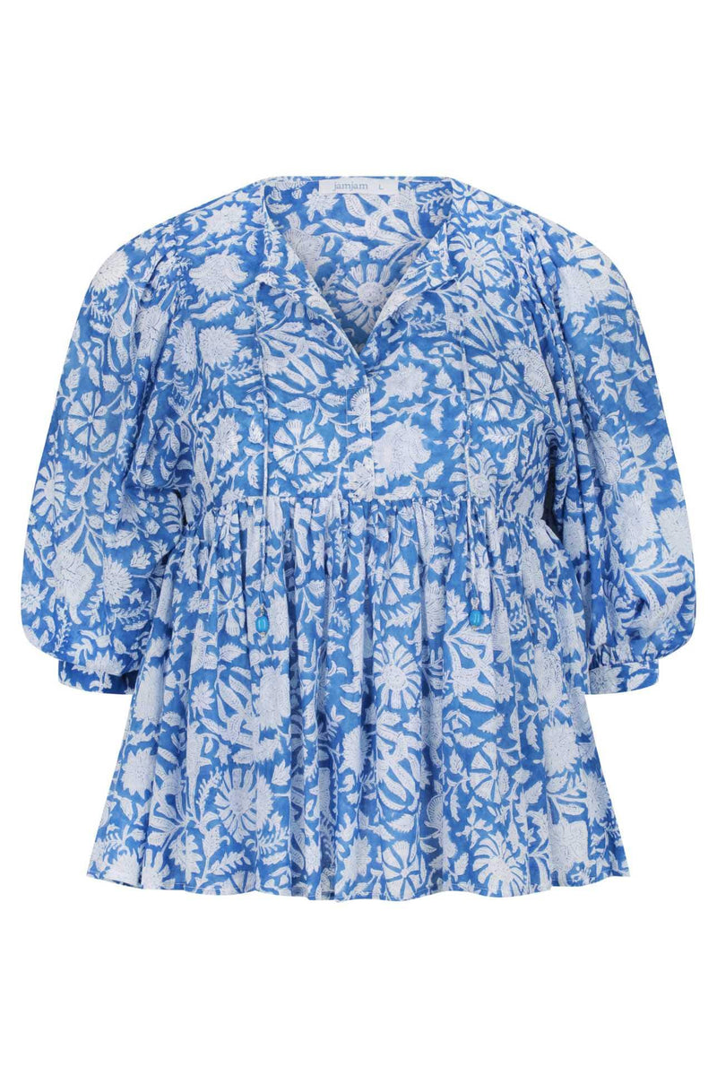 ghost mannequin of blue and white floral pattern cotton shirt with puff sleeves 
