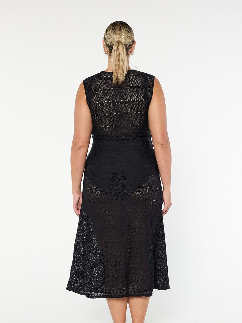 model showing back of black mesh maxi dress