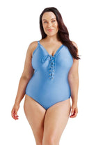 model wearing light blue swimsuit