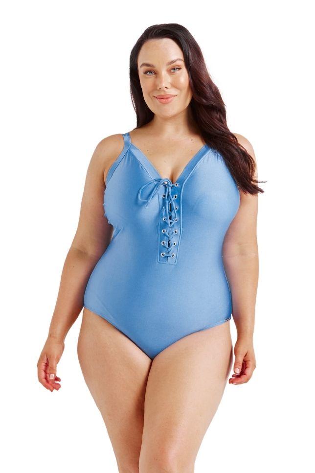 model wearing light blue swimsuit