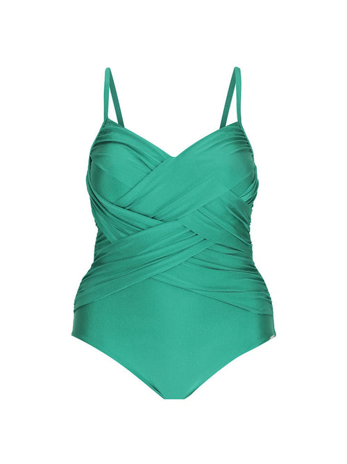 Ghost mannequin of a metallic green one piece with criss cross detail